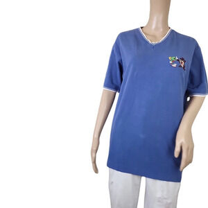 Vintage T-Shirt Men's 90s Looney Tunes Taz Cotton Pique V Neck Navy